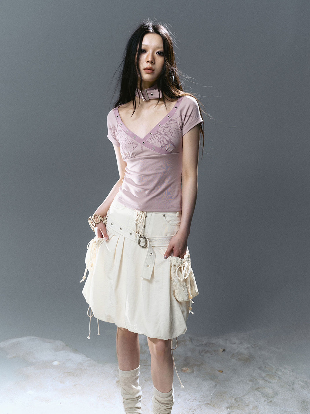 CestNous|High Waist Studded Cargo Bubble Skirt-White - PSYLOS 1, CestNous|High Waist Studded Cargo Bubble Skirt-White, Skirt, CestNous, PSYLOS 1